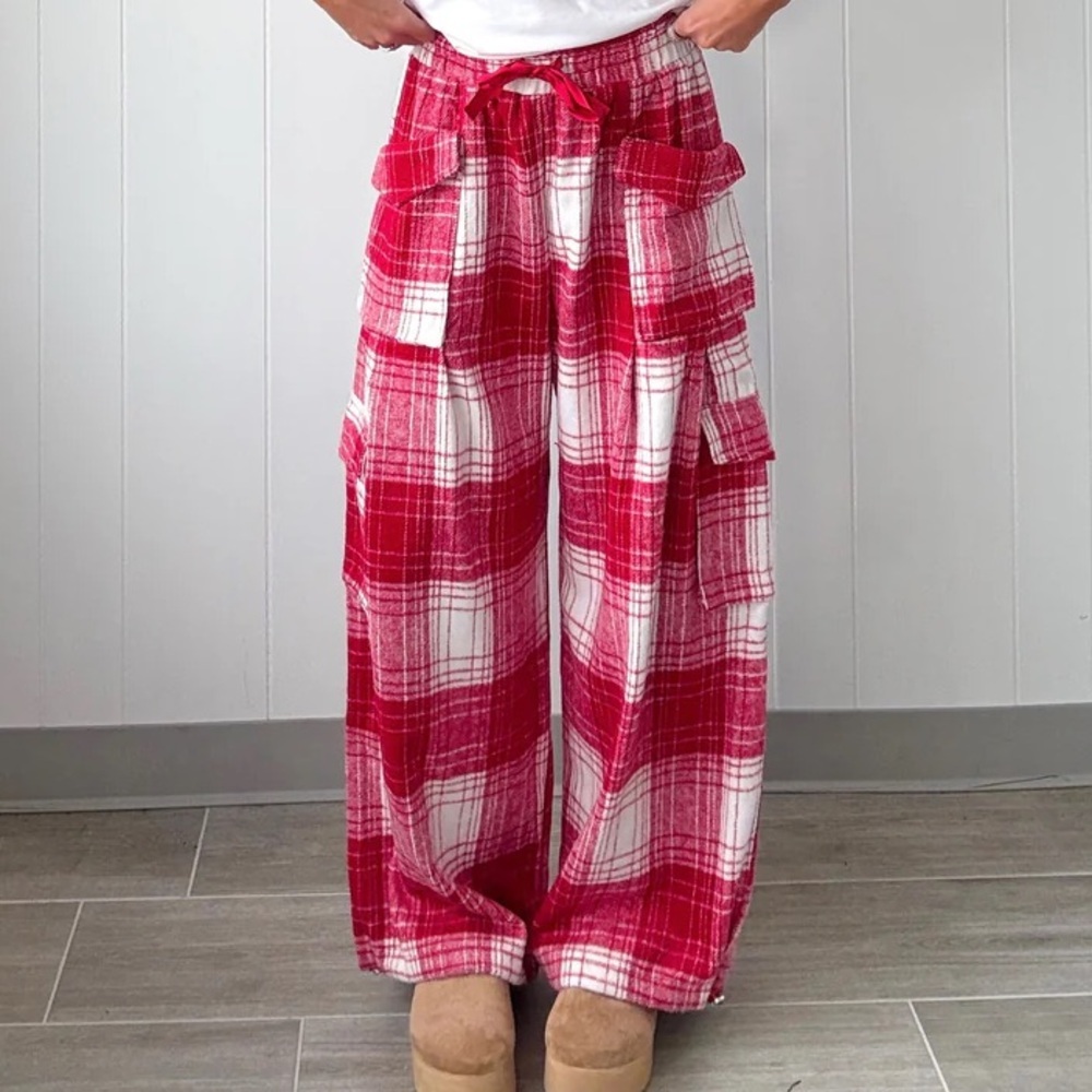 NWT Bibi Plaid Cargo 90’s Grunge Fleece Flannel Wide Leg Jogger Pants - Picture 5 of 6
